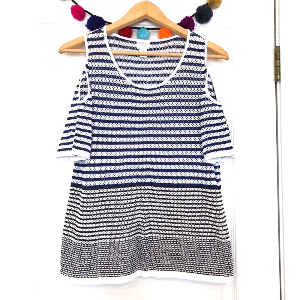 Chico’s Blue & White Stripe Cold Shoulder Sweater
